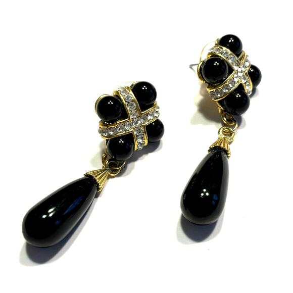 Elegant pierced earrings black enamel & white rhinestones drop & dangle style - Picture 1 of 6